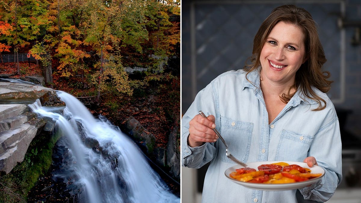 A waterfall at Cuyahoga Valley National Park, left, and Melissa Knific holds a fork and a plate, right.