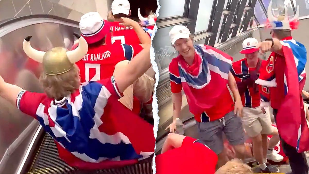 Split image of Norway fans performing Viking row