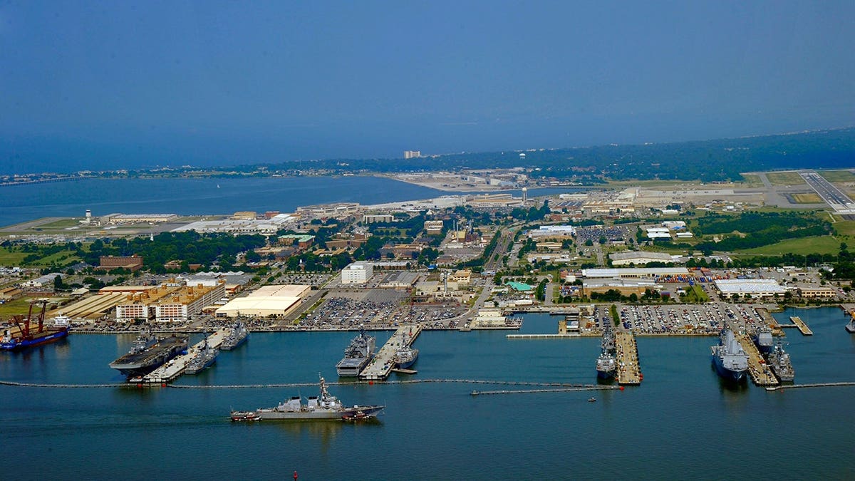 An aerial view of Naval Station Norfolk and surrounding waterways in Virginia.