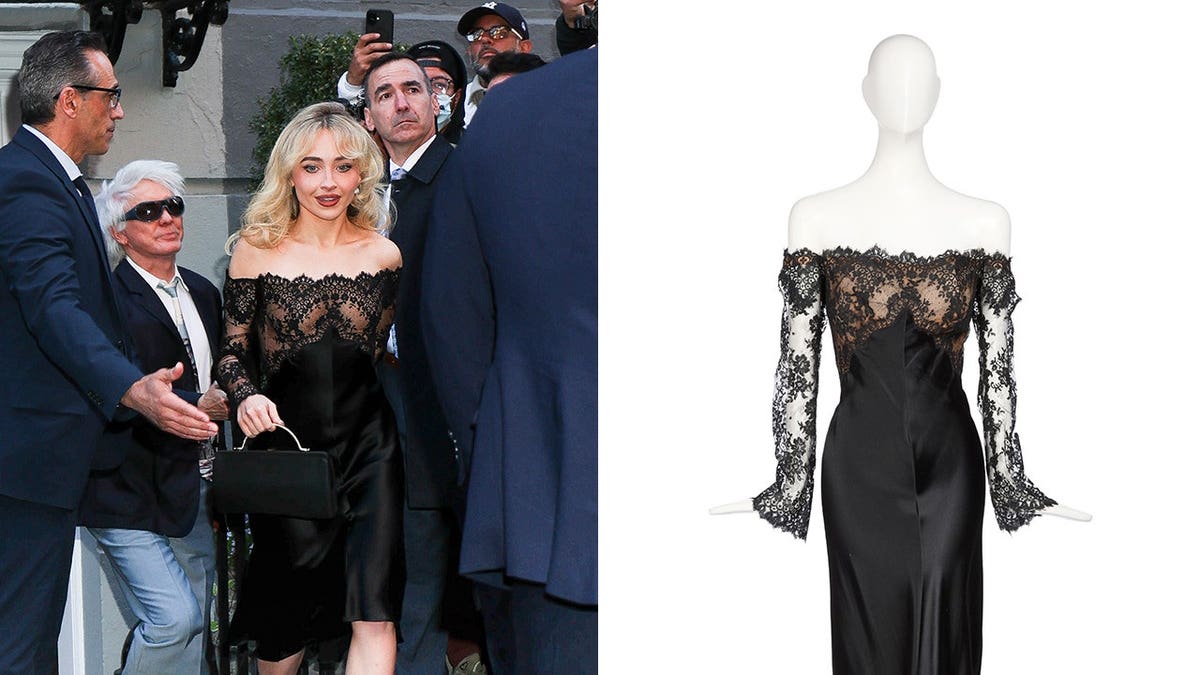 Side-by-side split image of Sabrina Carpenter in Ann-Margret's black lace dress.