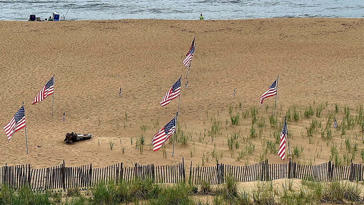 american flags beachfront