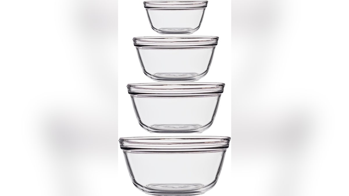 Mix wet and dry ingredients or store prepped produce in these glass bowls.