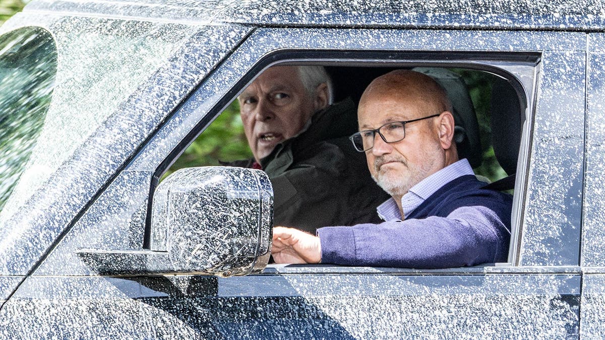 Andrew Mountbatten-Windsor driving a Land Rover with a red mark on his right cheek