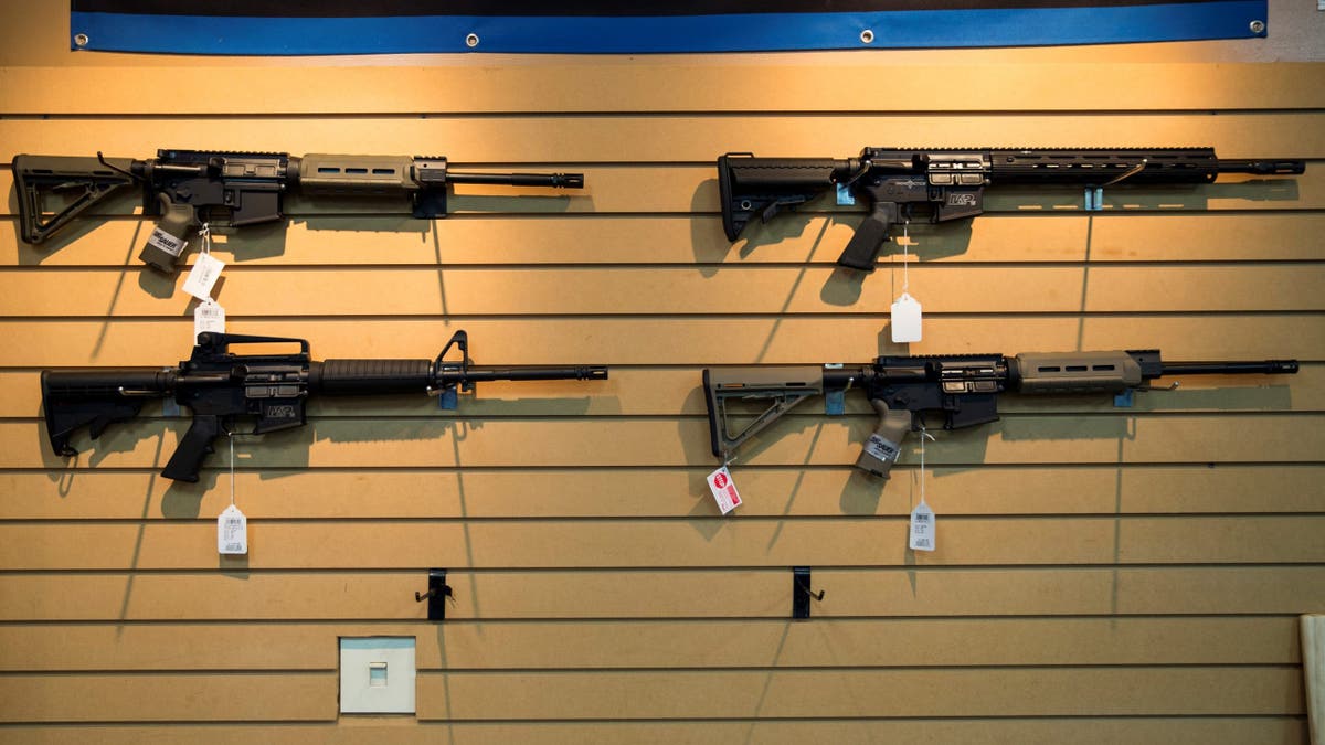 AR-15 style rifles displayed for sale at Blue Ridge Arsenal in Chantilly, Virginia