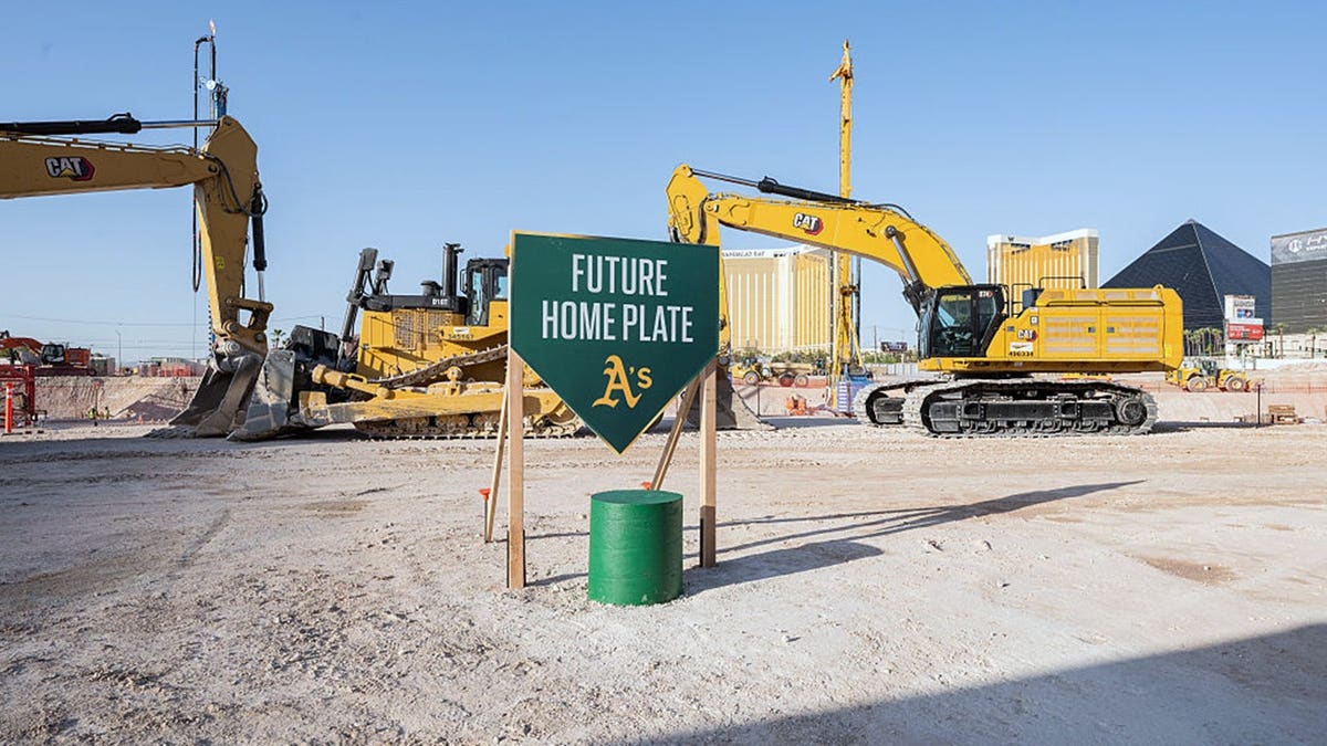 A sign marking the future home plate at the groundbreaking for the Athletics domed stadium in Las Vegas