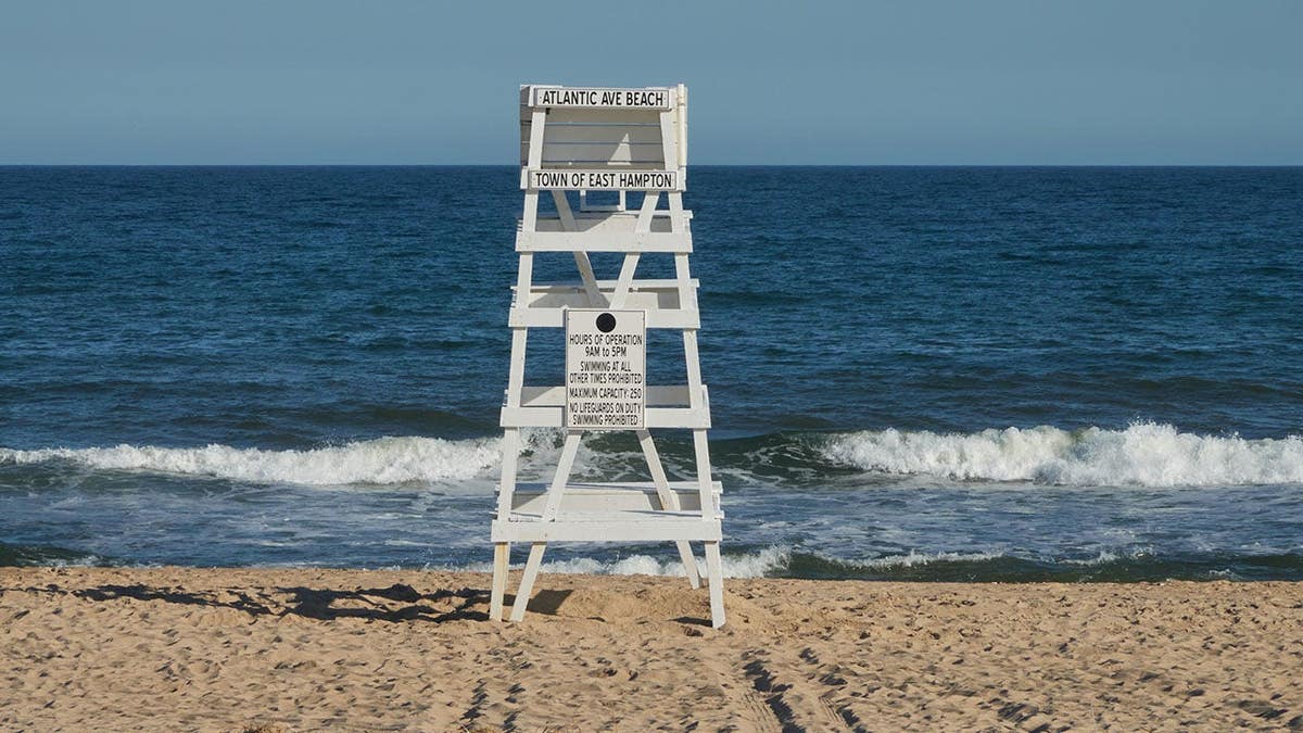 A lifeguard chair standing on Atlantic Avenue Beach in East Hampton, New York