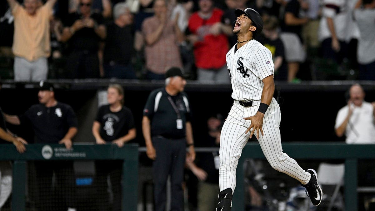 Braden Montgomery celebrating after hitting a walk-off home run in a baseball game.