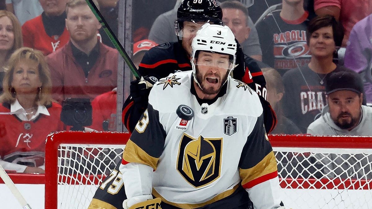 Vegas Golden Knights' Brayden McNabb takes a puck to the face during NHL Stanley Cup Final game.