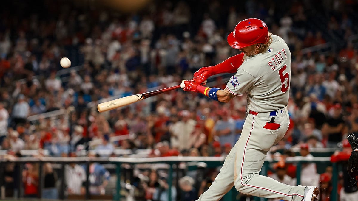 Bryson Stott of the Philadelphia Phillies hitting a home run at Nationals Park in Washington, D.C.