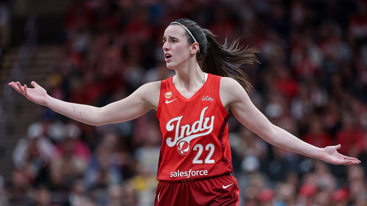 Caitlin Clark of the Indiana Fever reacting during a basketball game at Gainbridge Fieldhouse