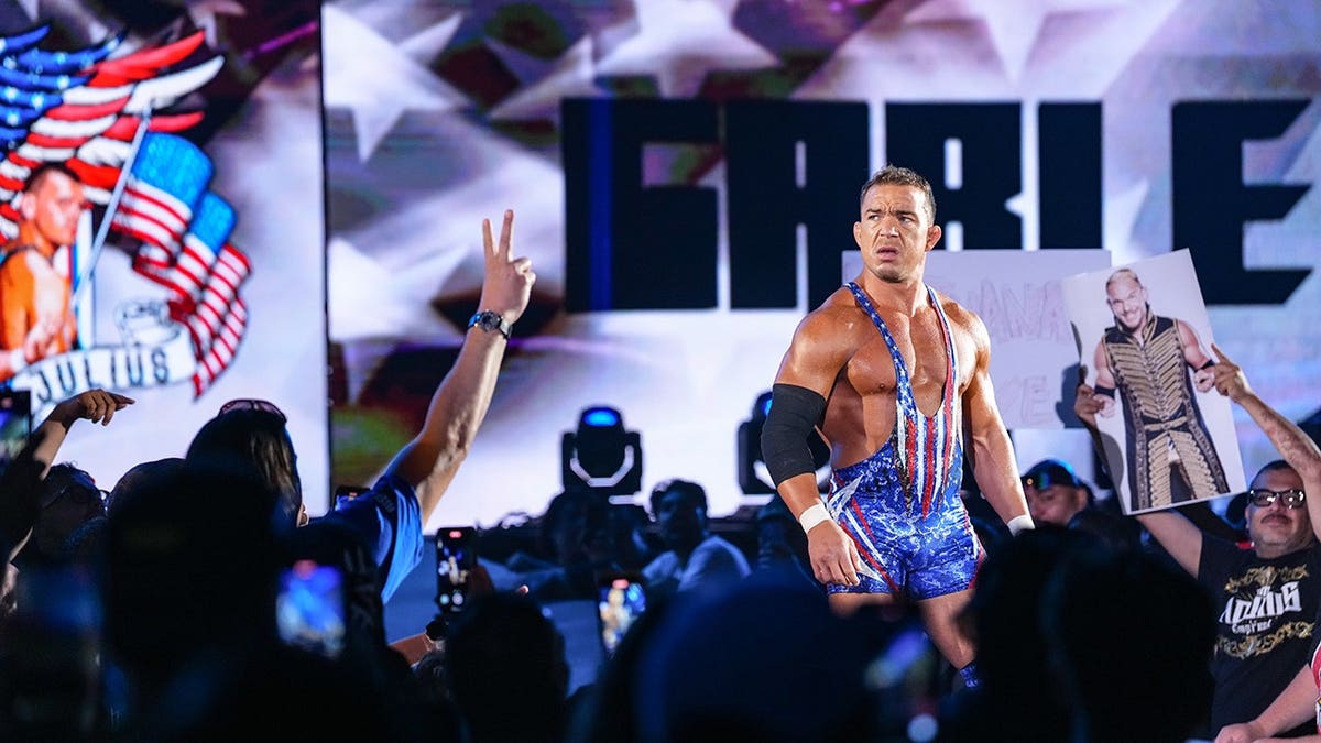 Chad Gable making his entrance at The Kia Forum in Inglewood, California