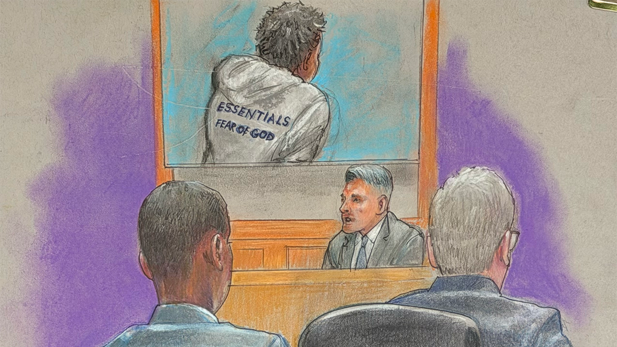 Courtroom sketch shows Frisco ISD school resource officer Eduardo Cortez testifying during the murder trial of Karmelo Anthony