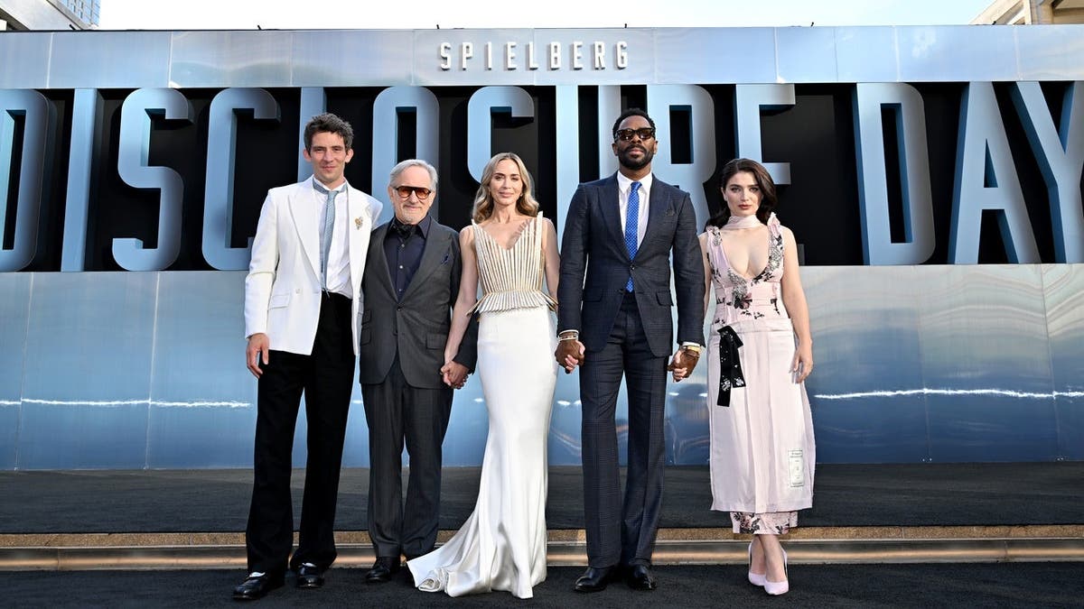 Josh O'Connor, Steven Spielberg, Emily Blunt, Colman Domingo and Eve Hewson standing together at a premiere event in New York City
