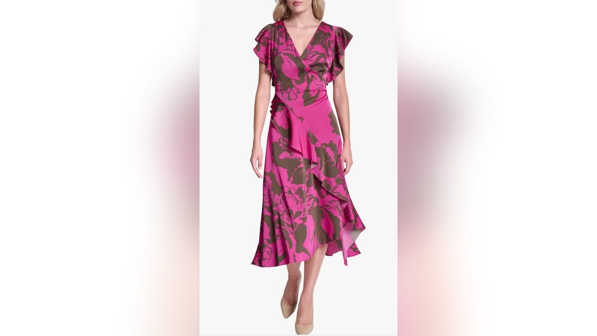Ruffle sleeves and a bias cut give this dress a flattering fit.