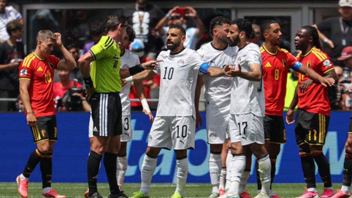 Egypt star Mohamed Salah disputes a referee's decision during World Cup match against Belgium. (Photo by Al Sermeno/ISI Photos/ISI Photos via Getty Images)