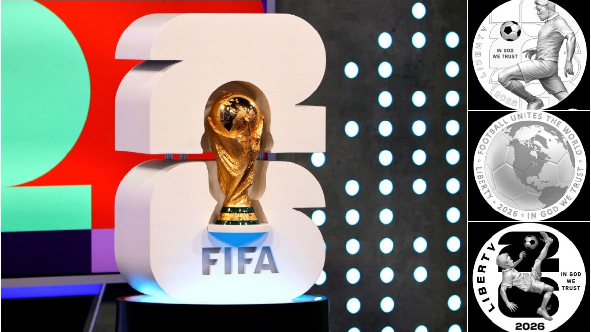 Coins featuring FIFA World Cup designs arranged on a surface