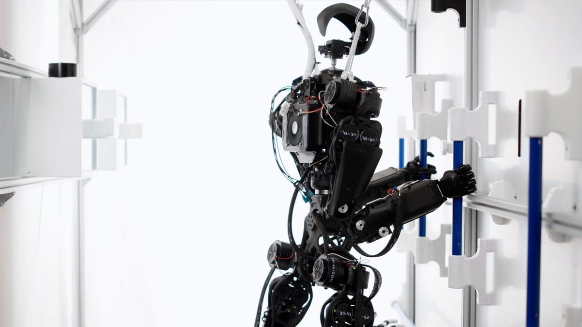 A robot holds onto bars on a wall.