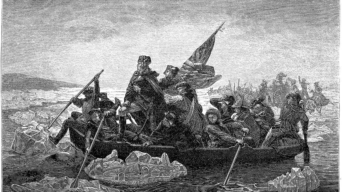 George Washington está em um barco atravessando o Delaware com suas tropas.