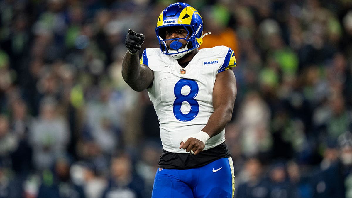 SEATTLE, WASHINGTON - JANUARY 25: Jared Verse #8 of the Los Angeles Rams reacts during an NFC Championship NFL football game against the Seattle Seahawks at Lumen Field on January 25, 2026 in Seattle, Washington. (Photo by Michael Owens/Getty Images)