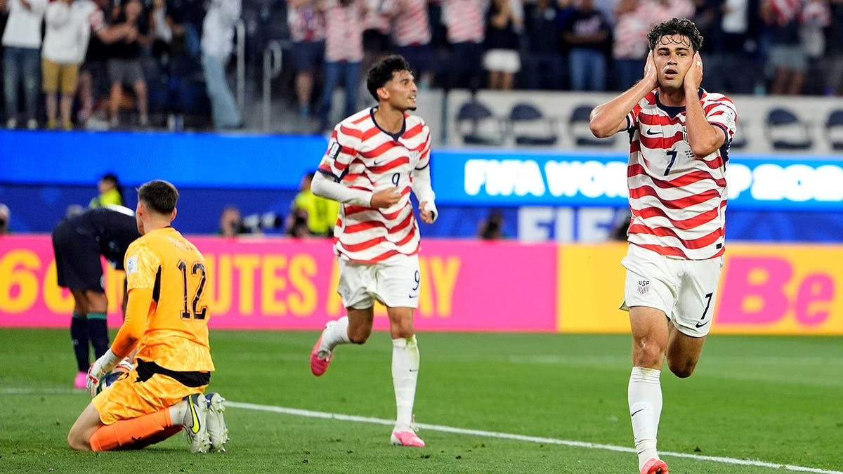 United States' Giovanni Reyna celebrating aft  scoring a extremity   during a shot    lucifer  successful  Inglewood, Calif.