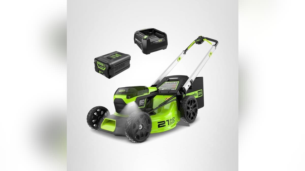 Lights on this Greenworks mower make nighttime yardwork easier. 