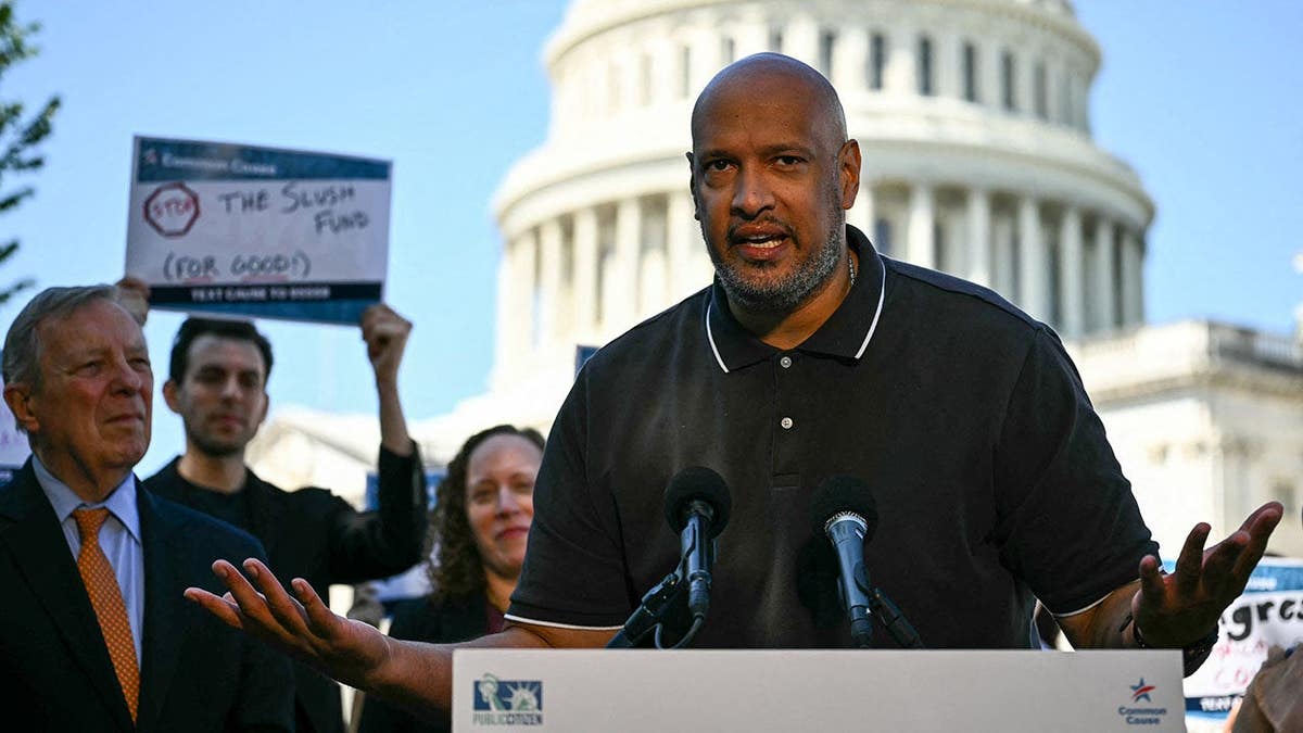 Former Capitol Police officer Harry Dunn speaks at a protest outside the US Capitol building in Washington, DC