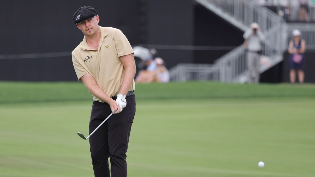 Harry Hall chips in for a birdie during the 2026 Arnold Palmer Invitational at Bay Hill Club & Lodge in Orlando, Florida.