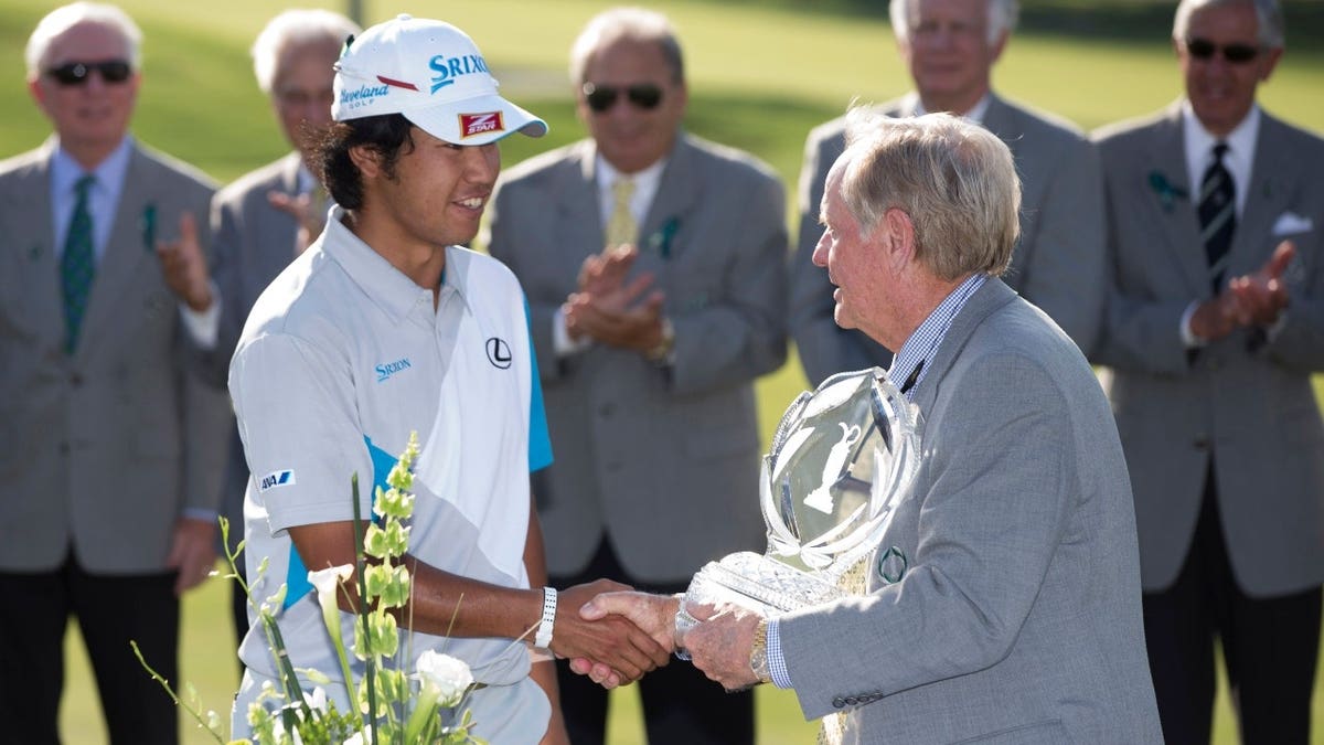 Jack Niklaus congratulating Hideki Matsuyama at Muirfield Village Golf Club