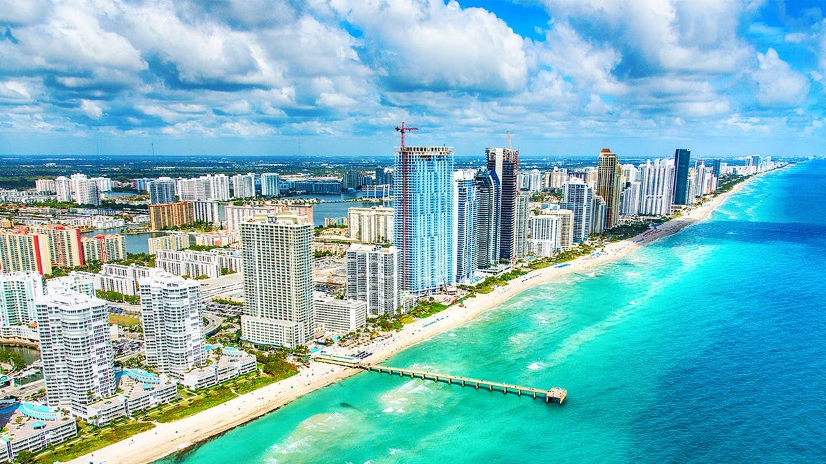 image shows wide shot of city and beach