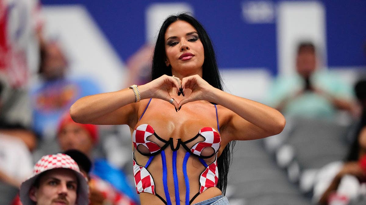 Croatian model Ivana Knoll posing at Dallas Stadium during FIFA World Cup 2026 match.