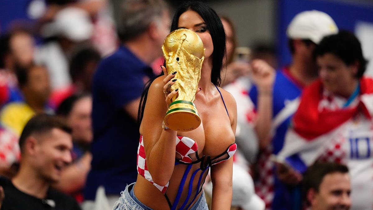 Croatian model Ivana Knoll posing at Dallas Stadium during FIFA World Cup 2026 match.