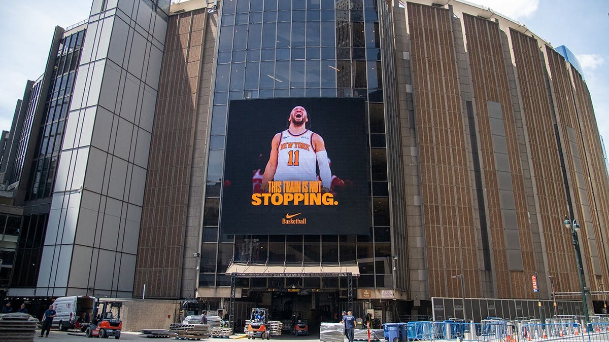 New York Knicks guard Jalen Brunson featured on a Nike Basketball digital billboard outside Madison Square Garden