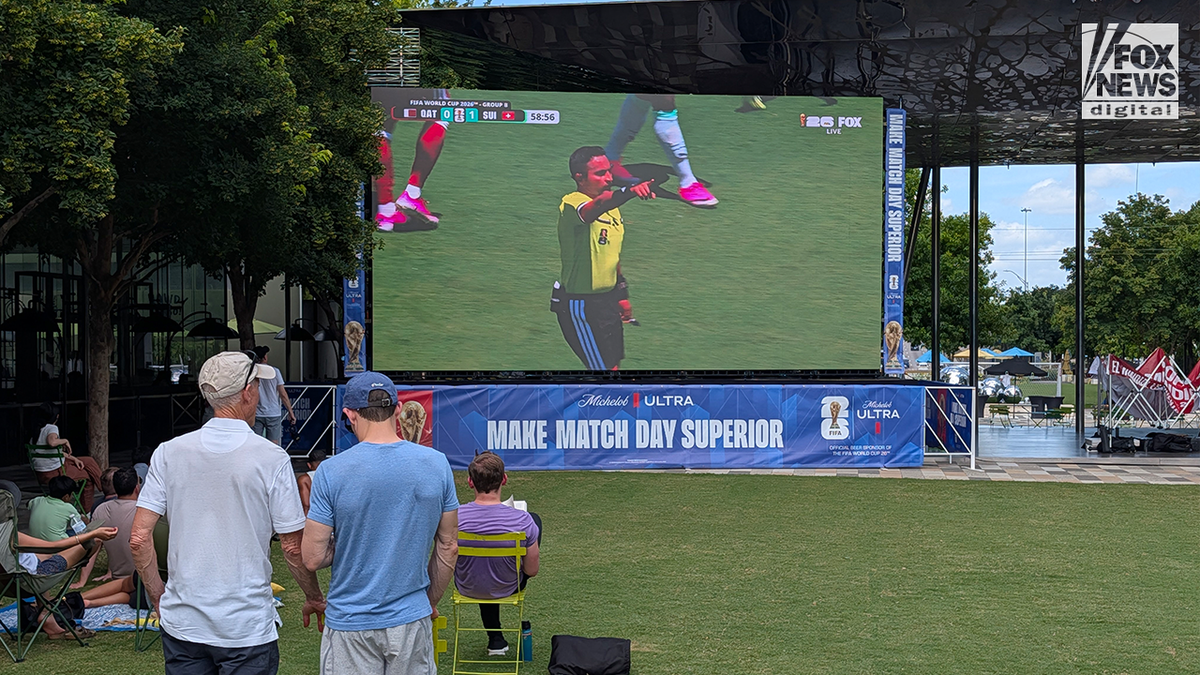 Fans watch a FIFA World Cup lucifer connected a elephantine outdoor video surface astatine a nationalist viewing area, pinch spectators seated and opinionated connected a grassy lawn.