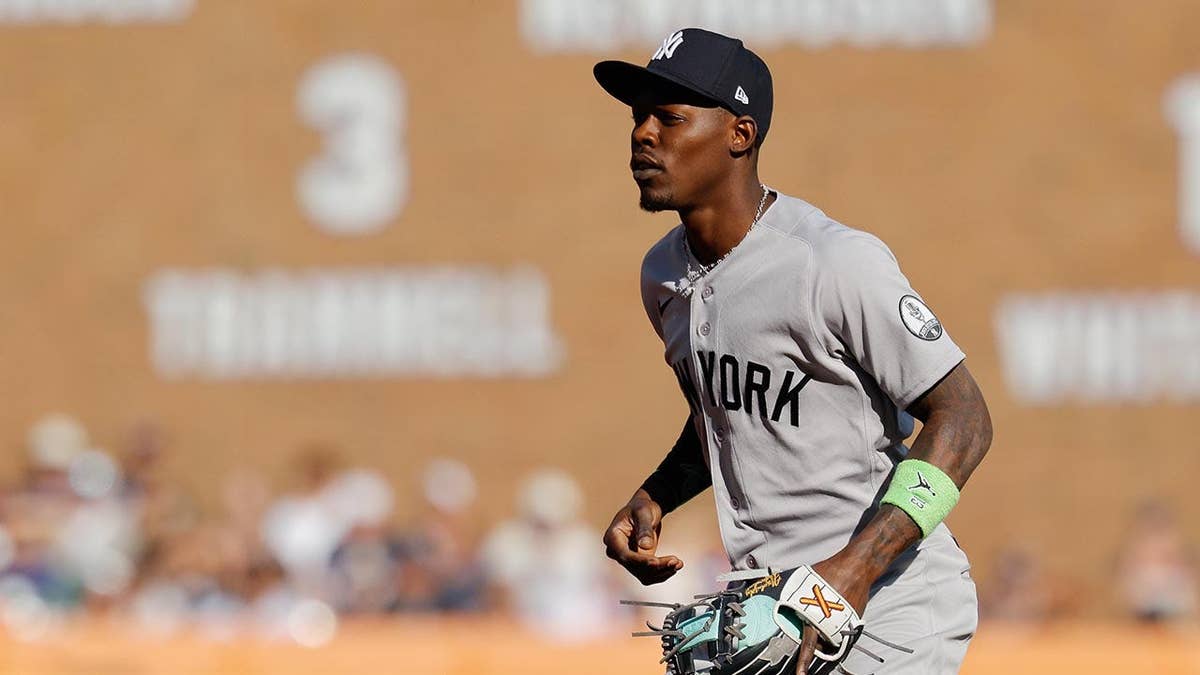 New York Yankees second baseman Jazz Chisholm Jr. fielding at Comerica Park in Detroit