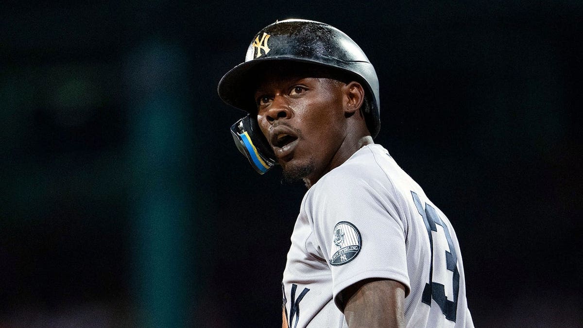 Jazz Chisholm Jr. smiling during a baseball game at Fenway Park in Boston