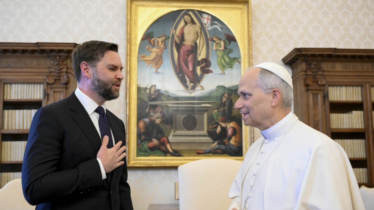 Pope Leo XIV holds a private audience with US Vice President J.D. Vance at the Apostolic Palace on May 19, 2025 in Vatican City, Vatican.