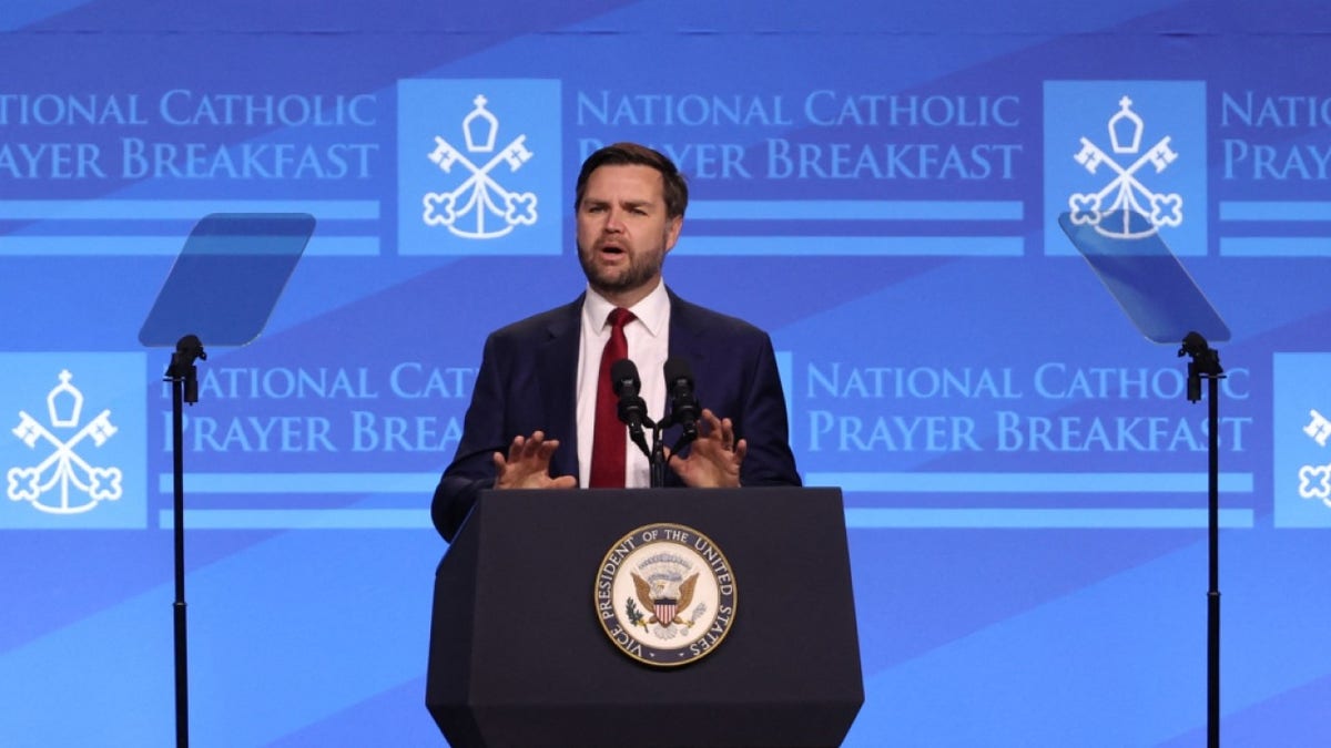 US Vice President JD Vance speaks at the 20th annual National Catholic Prayer Breakfast in Washington, DC, February 28, 2025.