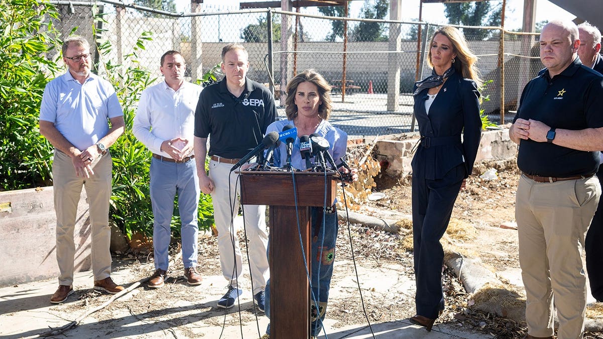 Jillian Michaels speaking at a press conference in Pacific Palisades, California.