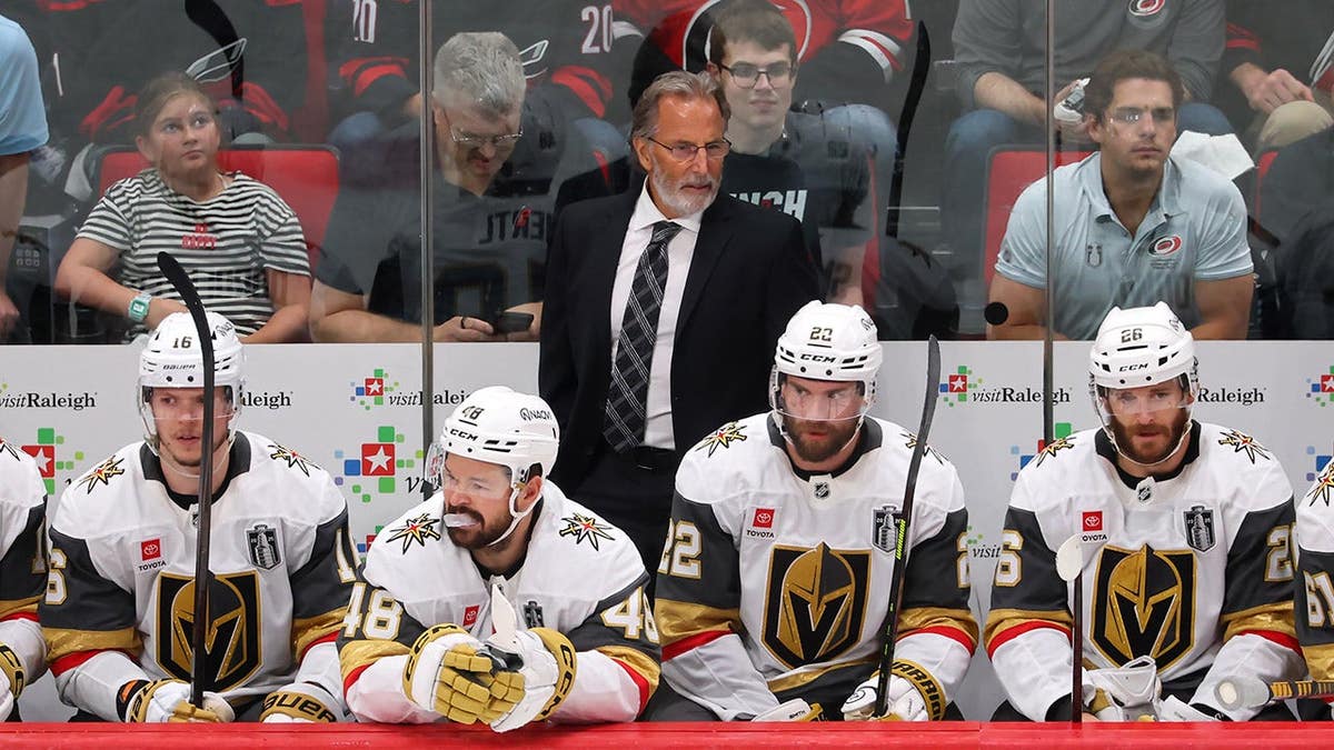 Head coach John Tortorella of the Vegas Golden Knights looking on during a hockey game.