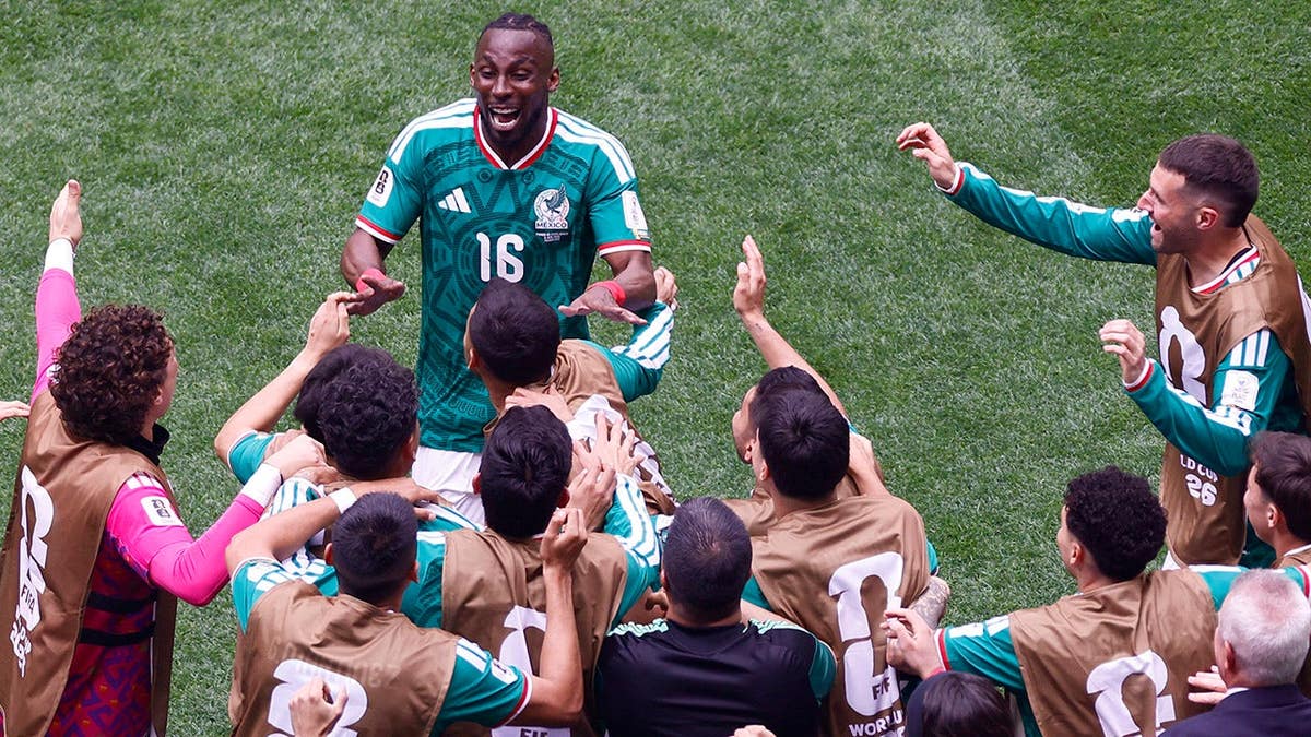 Mexico's guardant Julian Quinones celebrating aft scoring a extremity astatine Mexico City Stadium.