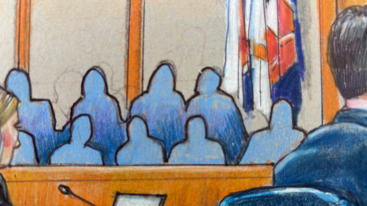 Courtroom sketch showing the gallery during the Karmelo Anthony murder trial