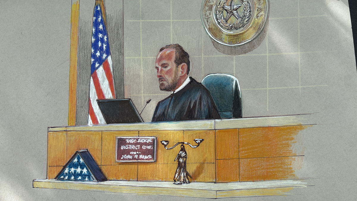Courtroom sketch showing Judge John Roach at the bench during the Karmelo Anthony trial