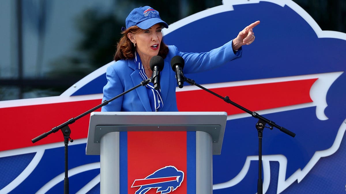 New York Gov. Kathy Hochul speaking at ribbon cutting ceremony at Bills Highmark Stadium