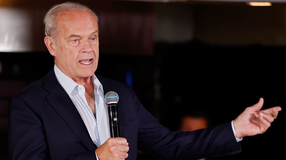Actor Kelsey Grammer speaking while introducing U.S. Treasury Secretary Scott Bessent at Rustico restaurant