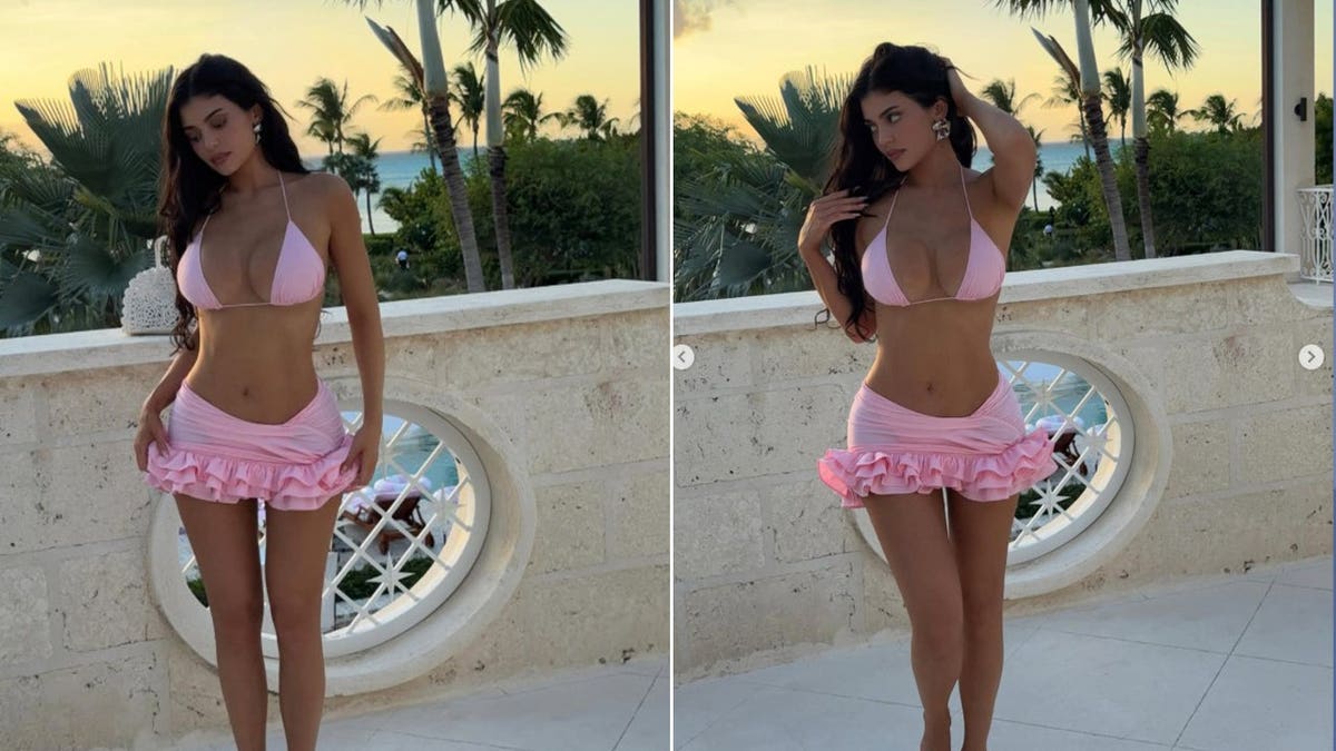 Kylie Jenner in a pink bikini on the balcony in Turks & Caicos.