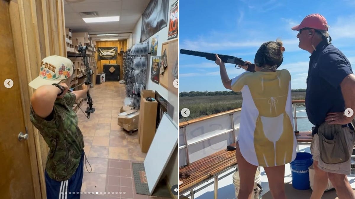 Separate photo of Lainey Wilson shooting a bow and arrow and shooting a gun.