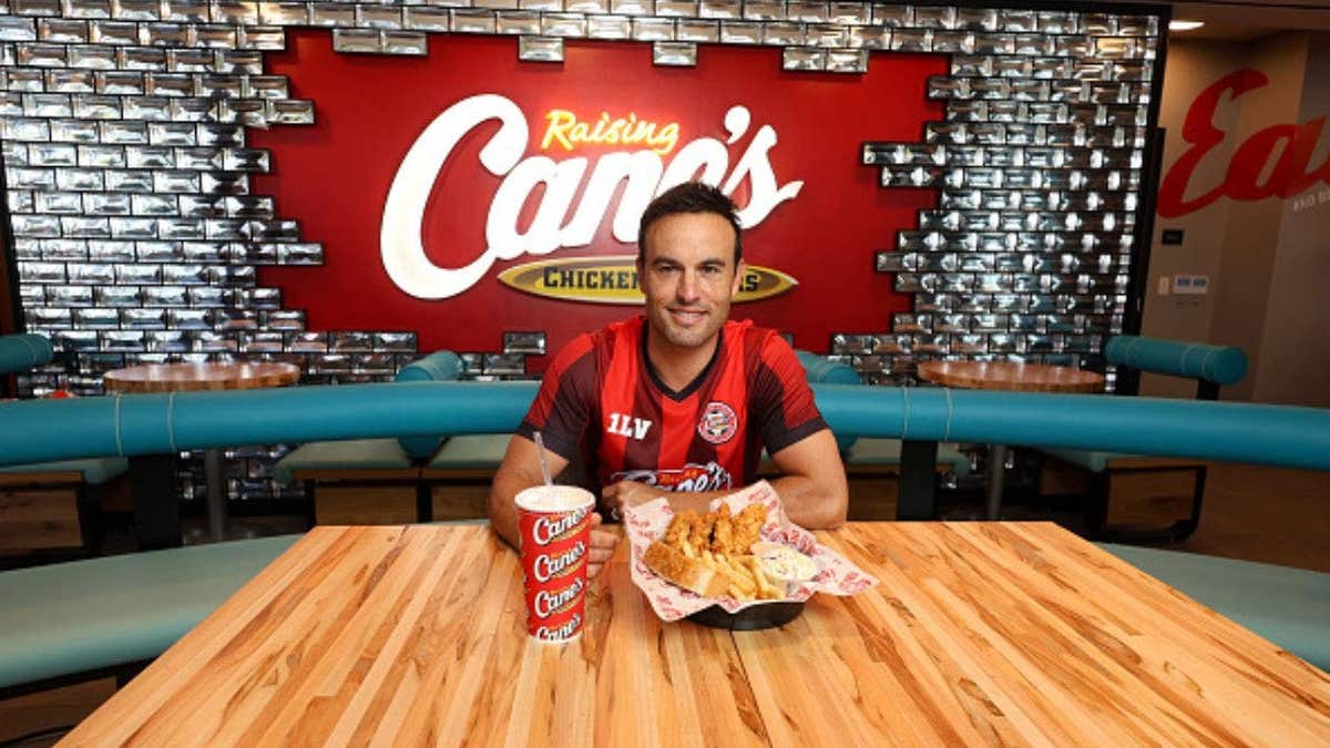 U.S. soccer icon Landon Donovan helps promote excitement for a major international soccer tournament during an event at Raising Cane’s flagship Inglewood location on June 9, 2026. (Photo by Anna Webber/Getty Images for Raising Cane's)