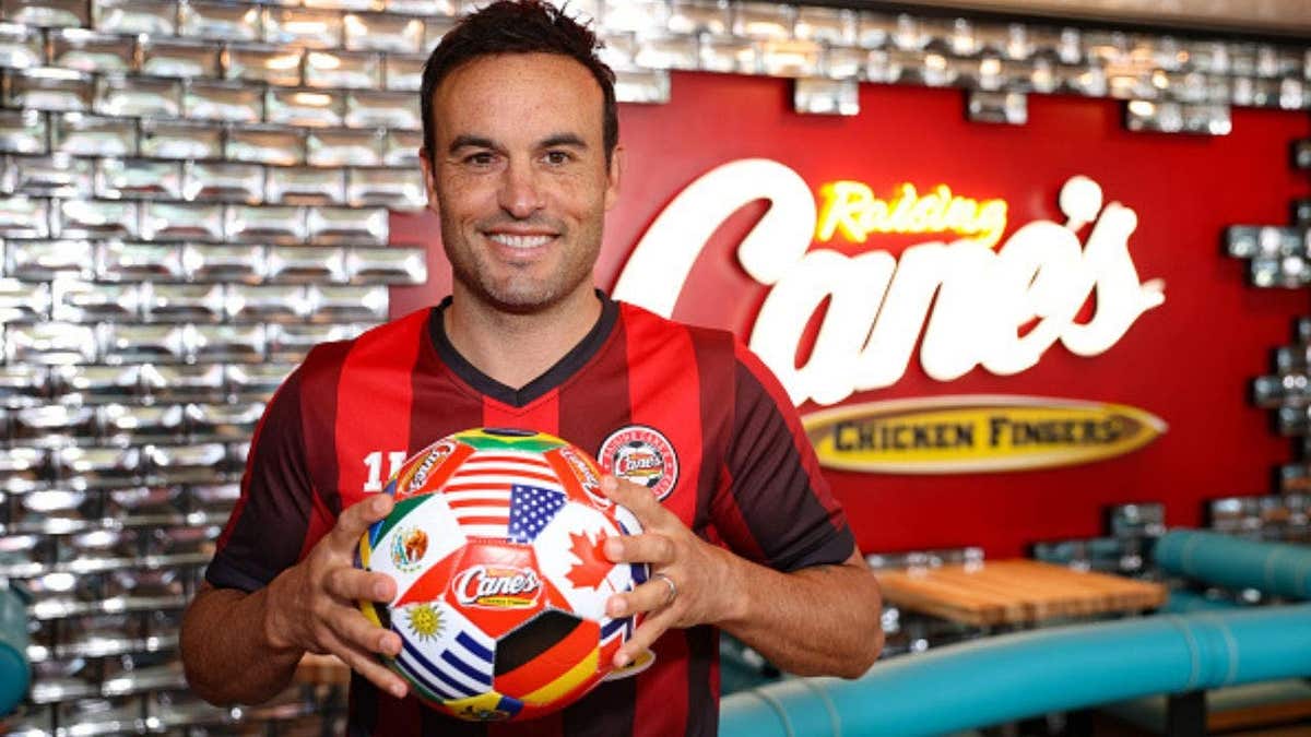 Former U.S. Men’s National Team captain Landon Donovan visits Raising Cane’s flagship restaurant in Inglewood, California, as the fast-food chain celebrates the arrival of a major international soccer competition. (Photo by Anna Webber/Getty Images for Raising Cane's)