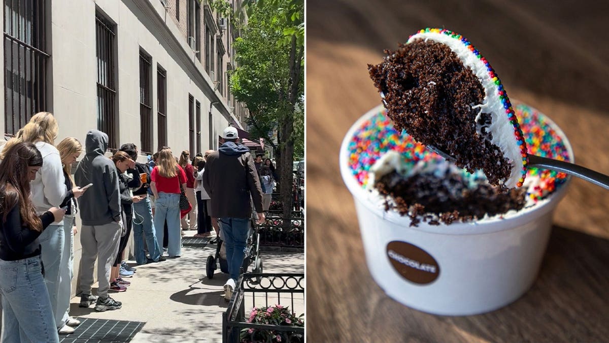 Customers line up for Dot Cakes while a rich chocolate cake dessert topped with frosting and colorful sprinkles
