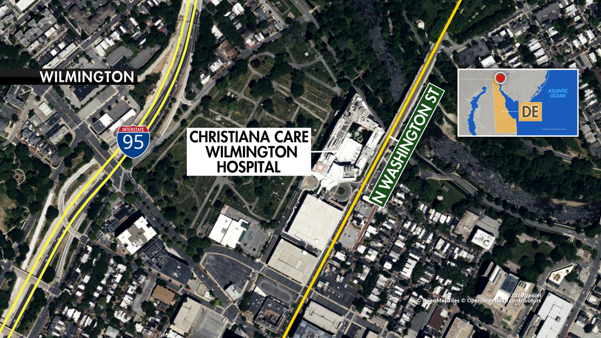 Aerial map of Wilmington, Delaware, showing ChristianaCare Wilmington Hospital between Interstate 95 and North Washington Street.